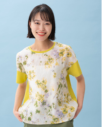 【MAED IN JAPAN】麻100切替ぼかし花柄Tシャツ